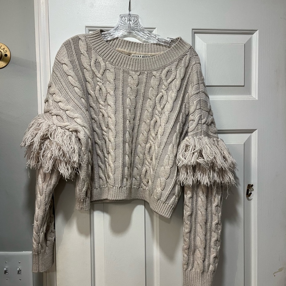 Alice + Olivia Beige Cable Knit Sweater with Sleeve Detail